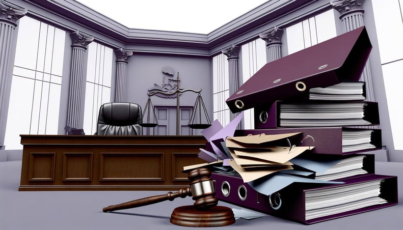 create a simple image using the symbols of a lawyer, case binders, documents, and the court room using the colors dark purple, light purple, white, li