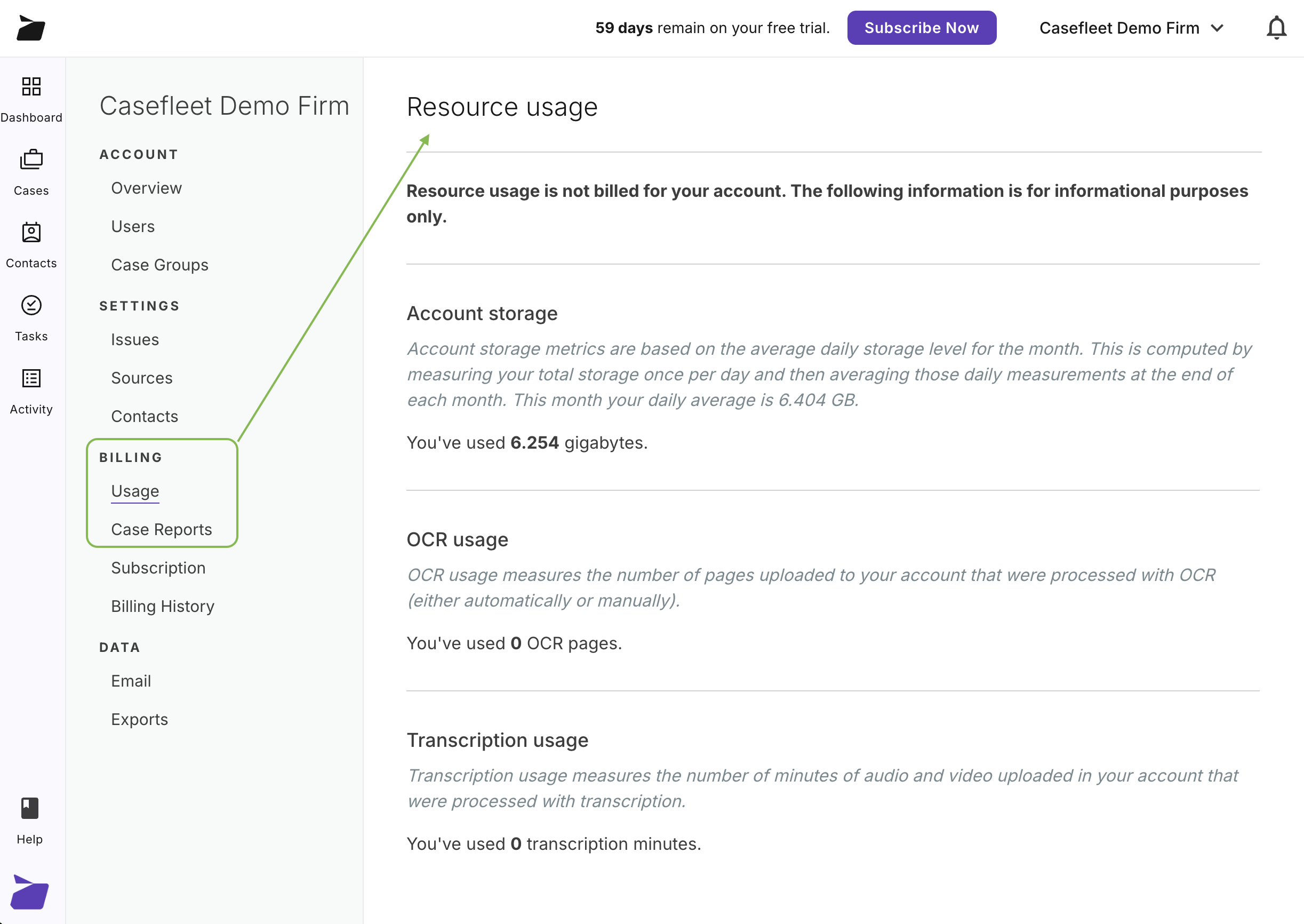 Account settings resource usage page